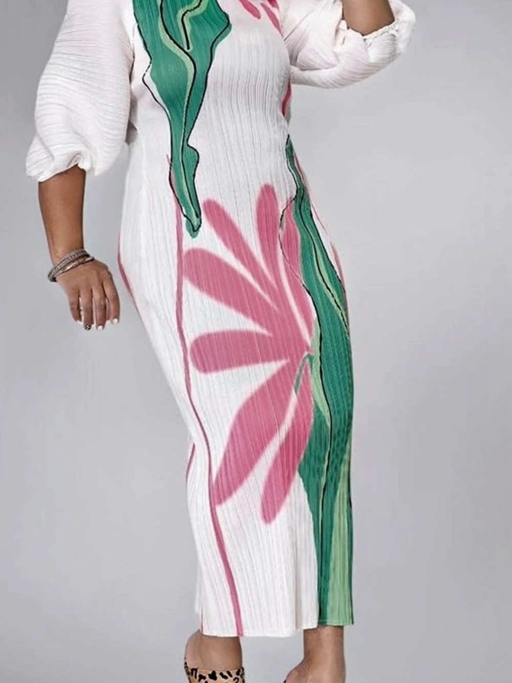 Flower Bloom Abstract Midi Dress in White & Pink